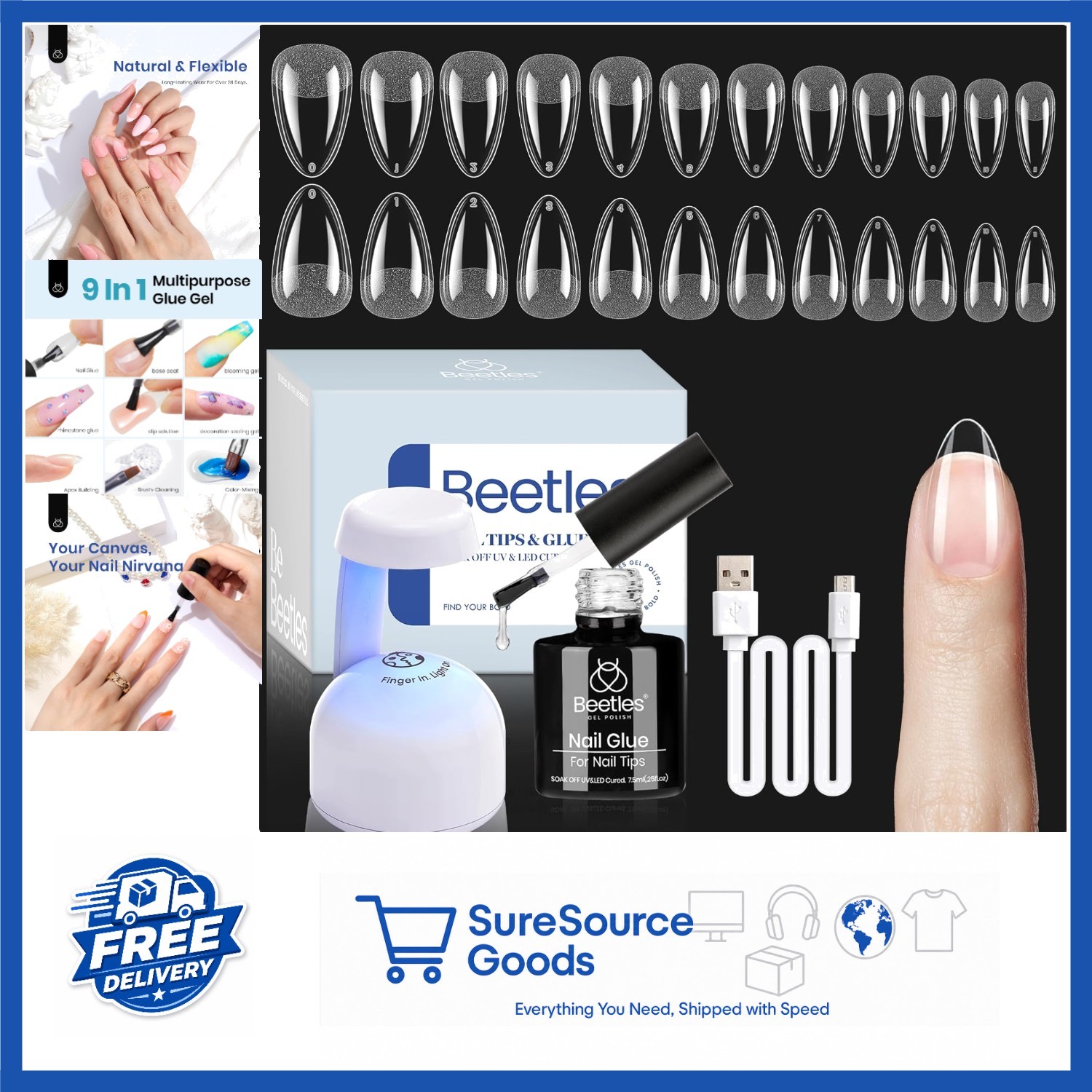 Nail Extension DIY Set Almond Short 504pcs Tips with 9-in-1 Glue & Light
