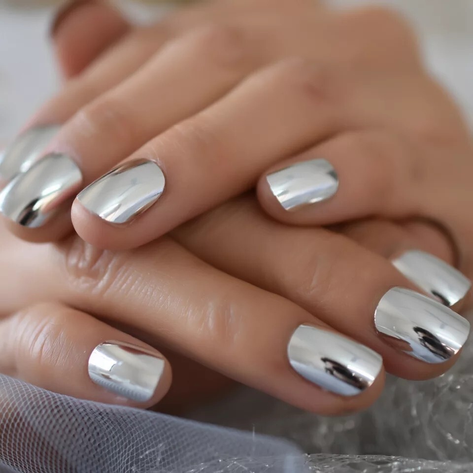 24 Short Silver Chrome Press On Nails Mirror metallic GLUE ON kit reflective