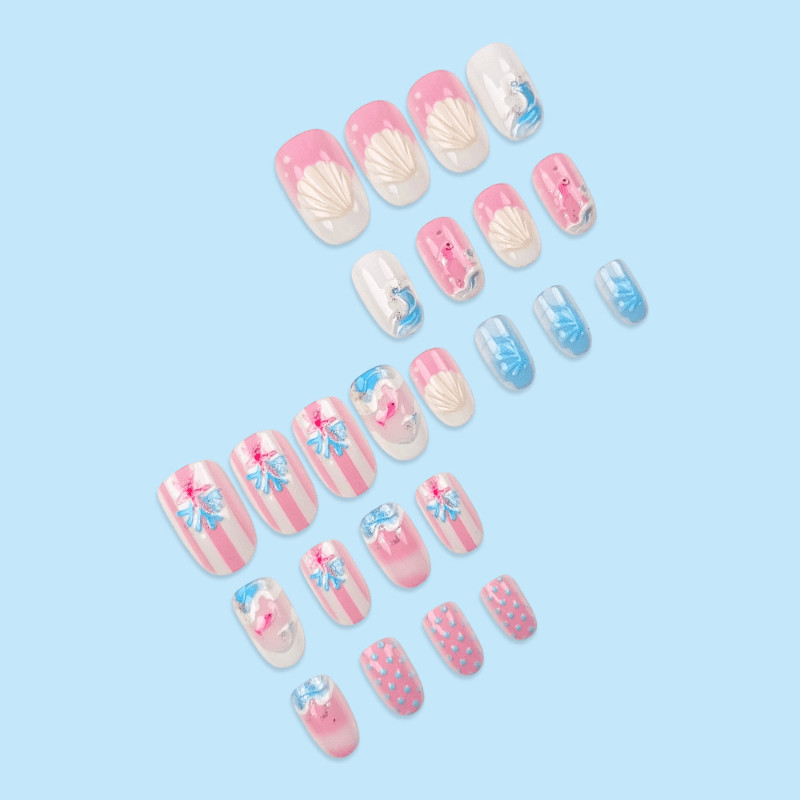 48Pcs-Long Oval Summer Ocean Shell Starfish Fake Press on Nails Art Set