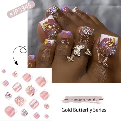 White French Tip Press on Toenails Short Square Fake Toe Nails with Gold style6