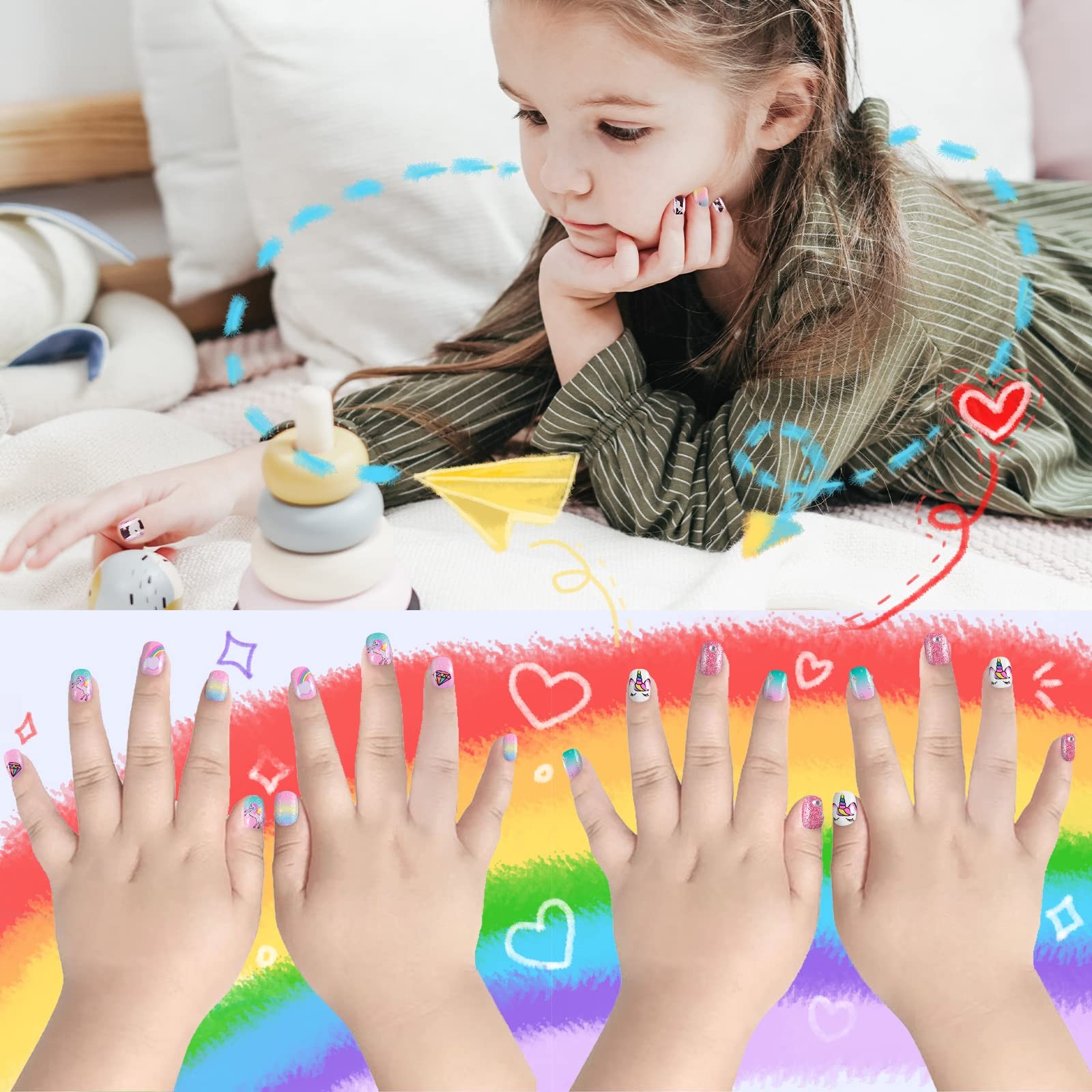 Laza Kids Press On Nails Pink Green Unicorn Glitter 60pc
