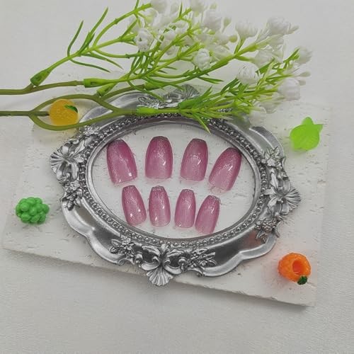 Cat Eye Press on Nails Short Coffin Fake Nails with Pink Glitter French Designs