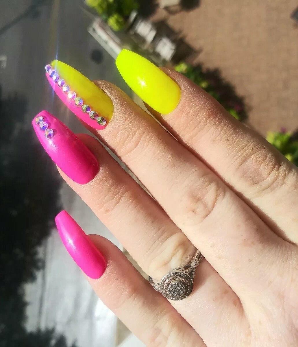 Bright Neon yellow & pink bling nails Press On crystal gel nails long coffin