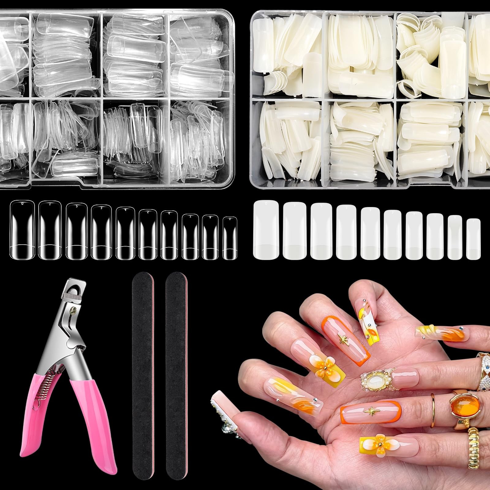 1000PCS Square Nail Tips for Acrylic Nails Professional, Fake Clear Natural