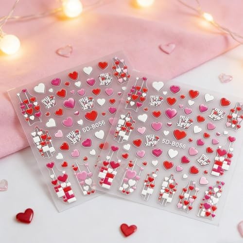 Valentine’s Day Nail Stickers for Women – 5D Heart Nail Decals, Red Pink E