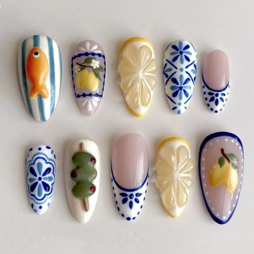 24Pcs Cute Summer Press on Nails Medium Almond Fake Nails 3D Goldfish Lemon-35