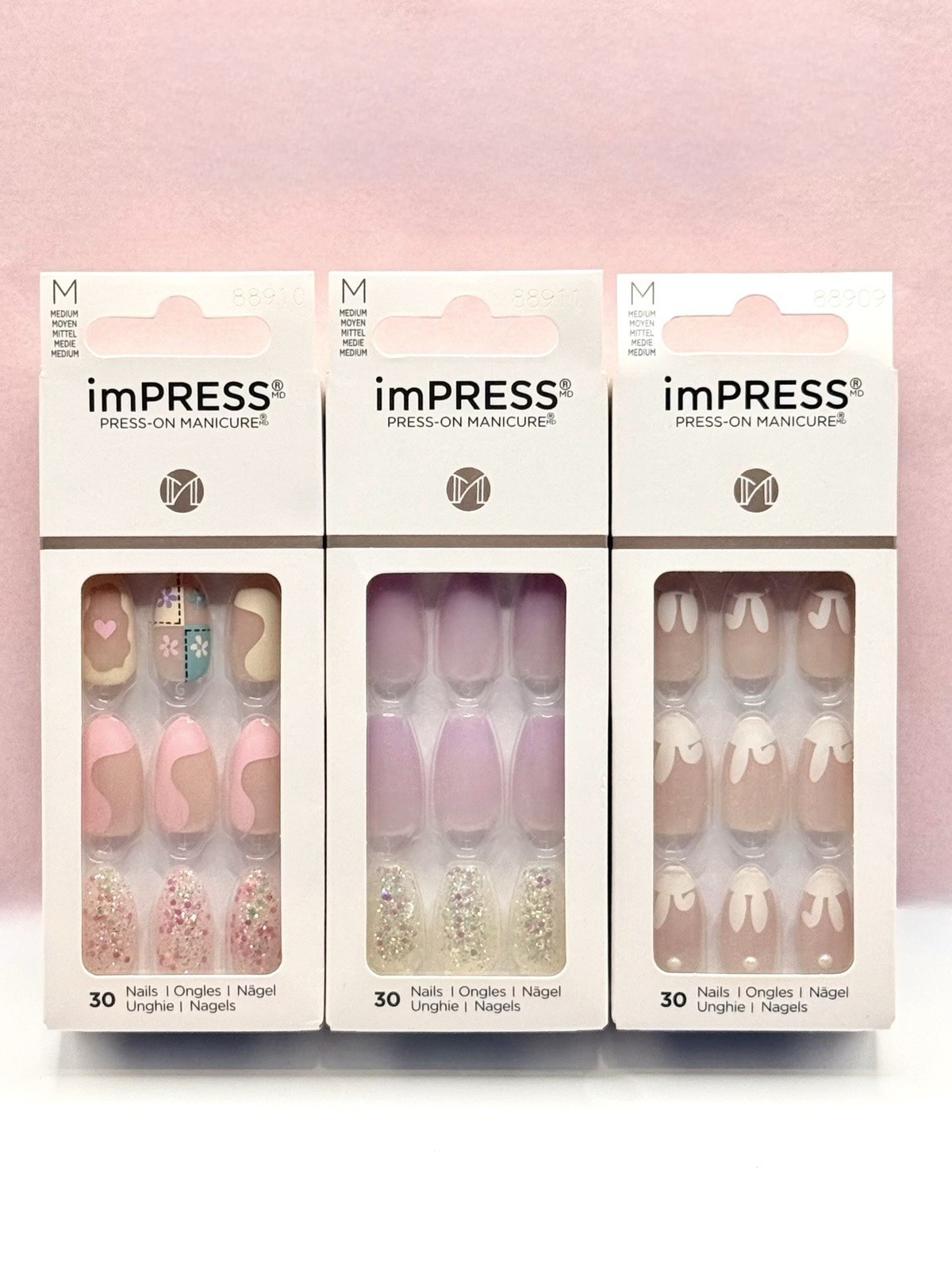 Kiss imPRESS No Glue Press-On Nails Manicure Medium Spring (Lot Of 3)
