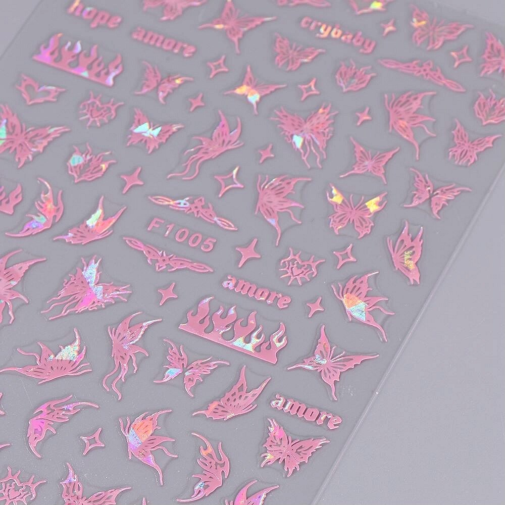 Pink Butterfly Nail Sticker Fire Flame Stars Self-Adhesive Nail Decals Stickers