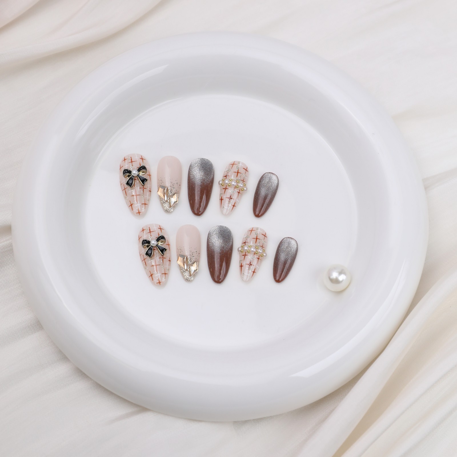 Medium Almond Press On Nails Nude Brown Plaid Bow Pearl Glitter Party Nail Set