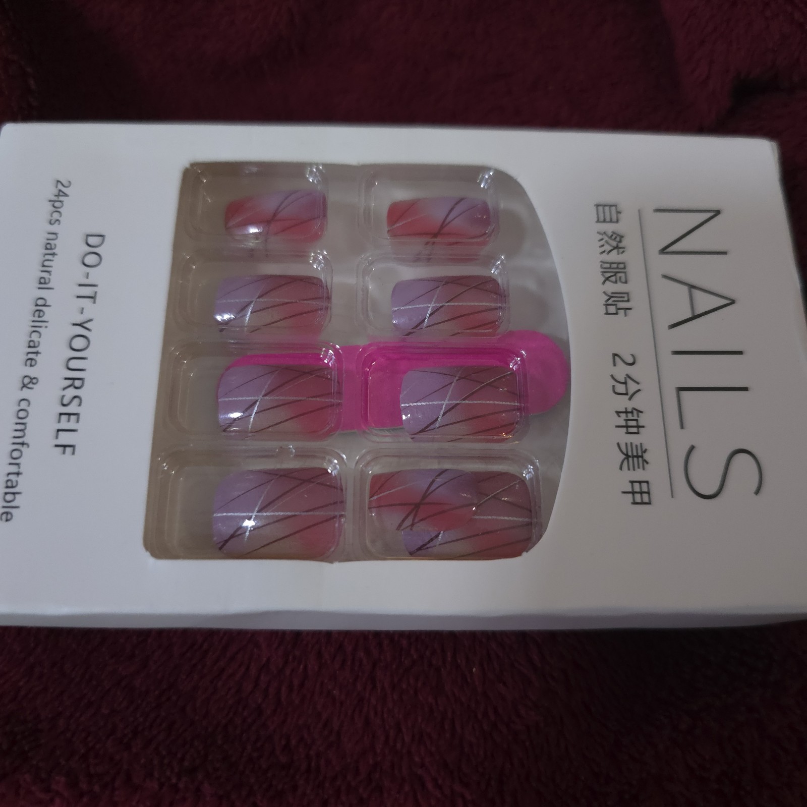 24pc Press On Nails Pink Purple Ombre False Nails Silver Geometric Line Fake Nai