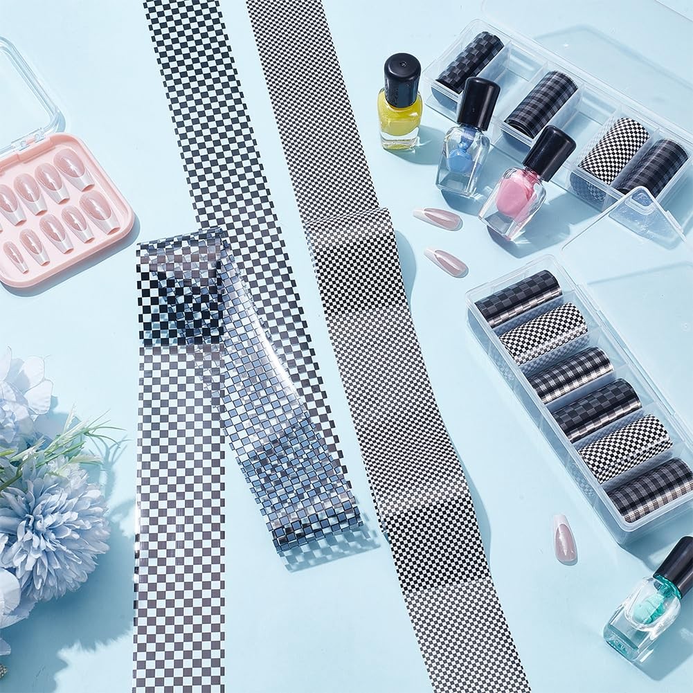 1 6 Rolls Nail Foil Transfer Sheets Black and White Plaid Nail Art Decals PET…
