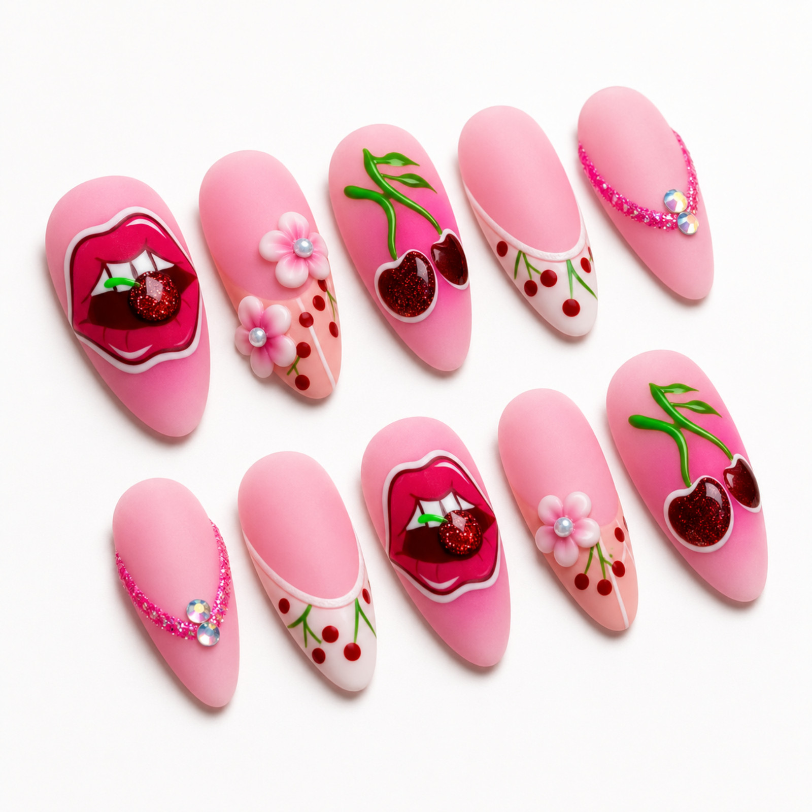 Handmade Pink Cherry Press On Nails 3D Floral Lips Rhinestone Set