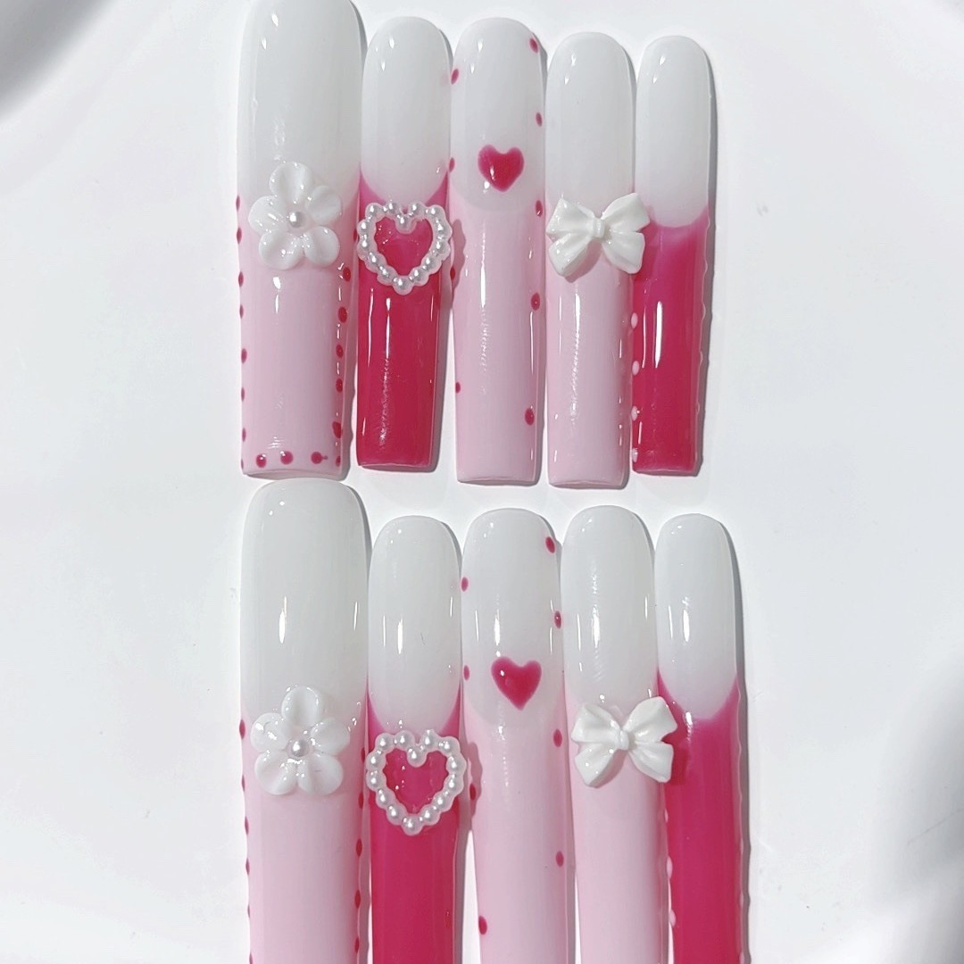 10Pcs Heart Floral Relief Carved Long Tapered Press On Nails For Dating