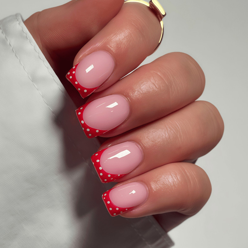 48pcs Short Square Press On Nails,Nude Base with Red French Tip & White Polka