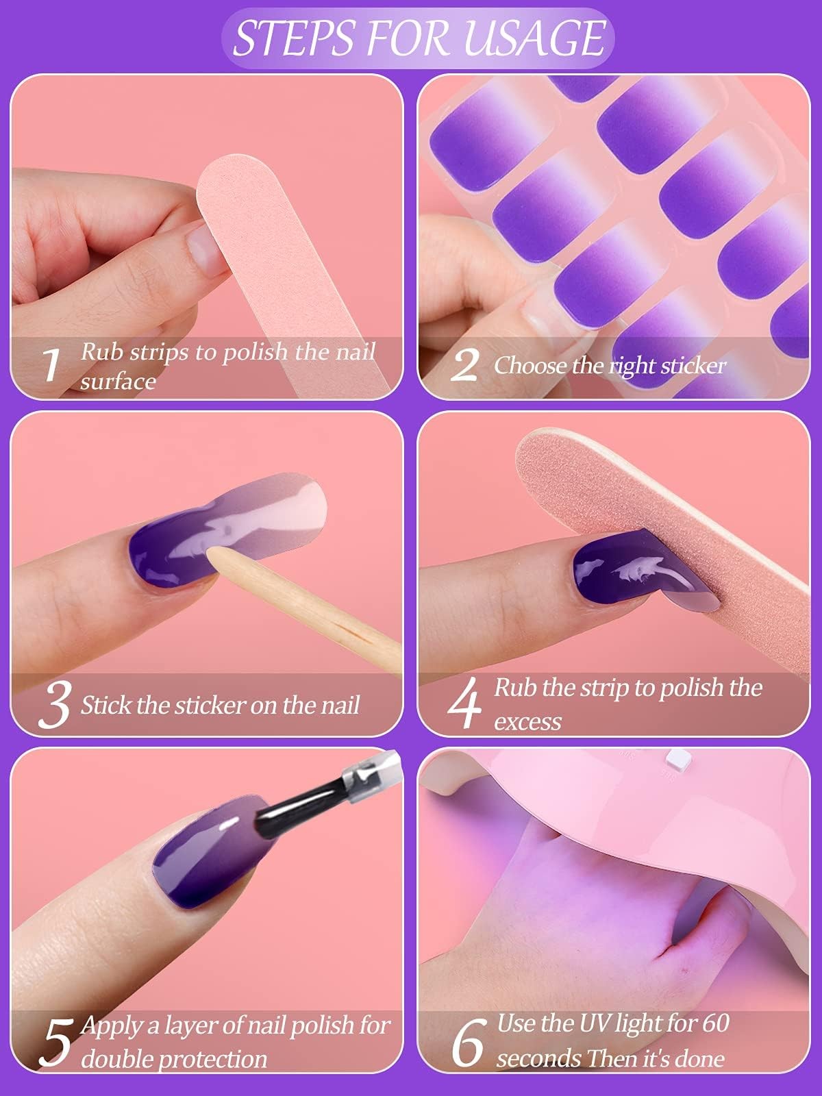 60PCS Gel Nail Polish Strips, Kalolary Gradient Purple Full Nail Wraps Gel Nail