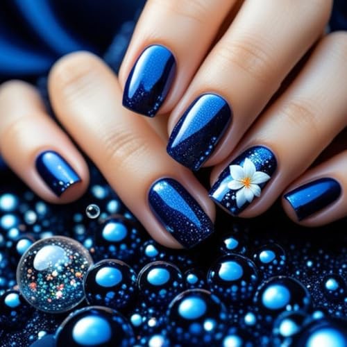 Square Dark Blue Flowers Fake Nails Design M10 – Medium Press on Nails