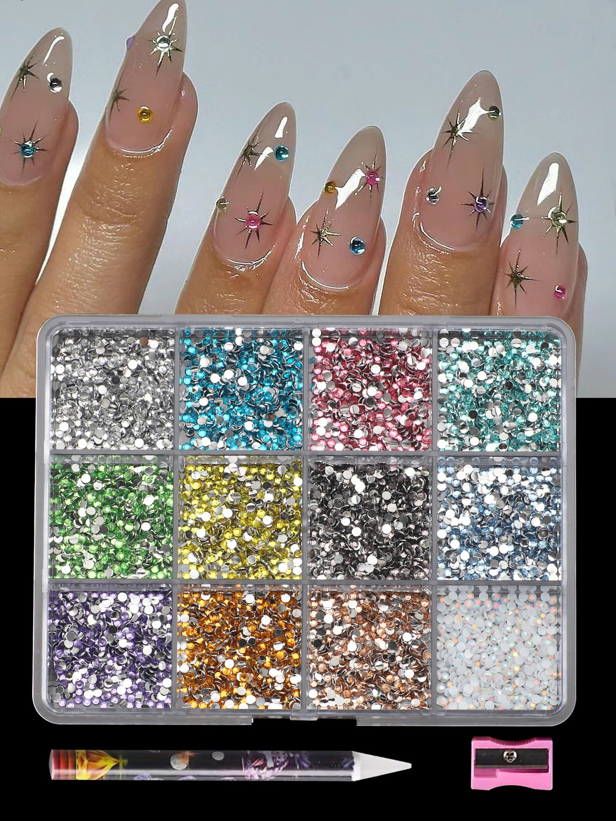 12 color acrylic nail diamond black 3D nails charm DIY nail art accessories resi