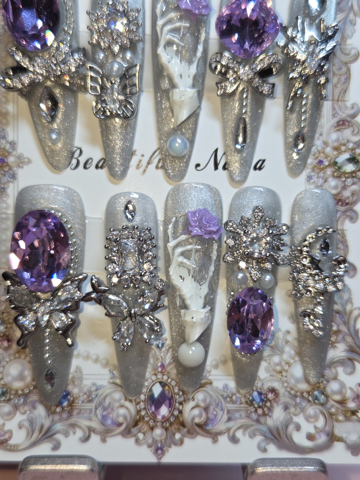 Press On Nails Handmade Medium Gray purple charms butterflies, gothic hand rose