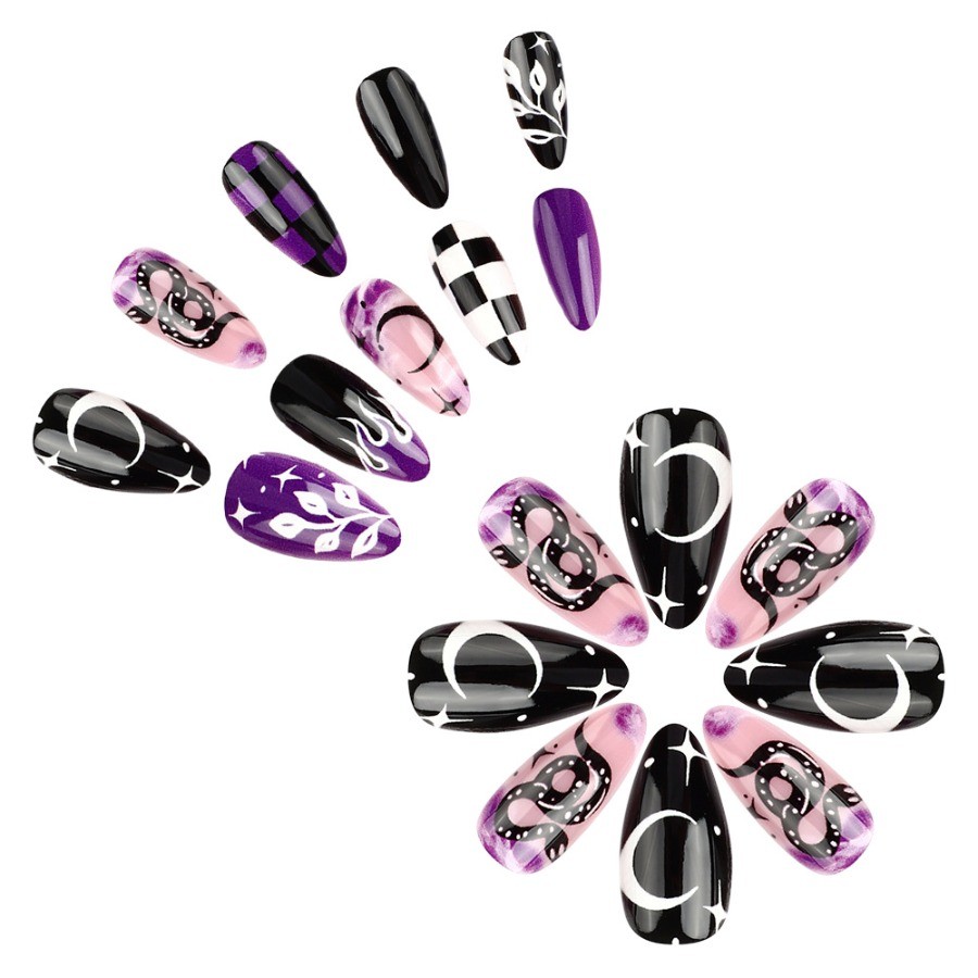48 Pcs Snake Flame Check Print Press on Nails, Oval Punk Trendy Fake Nails