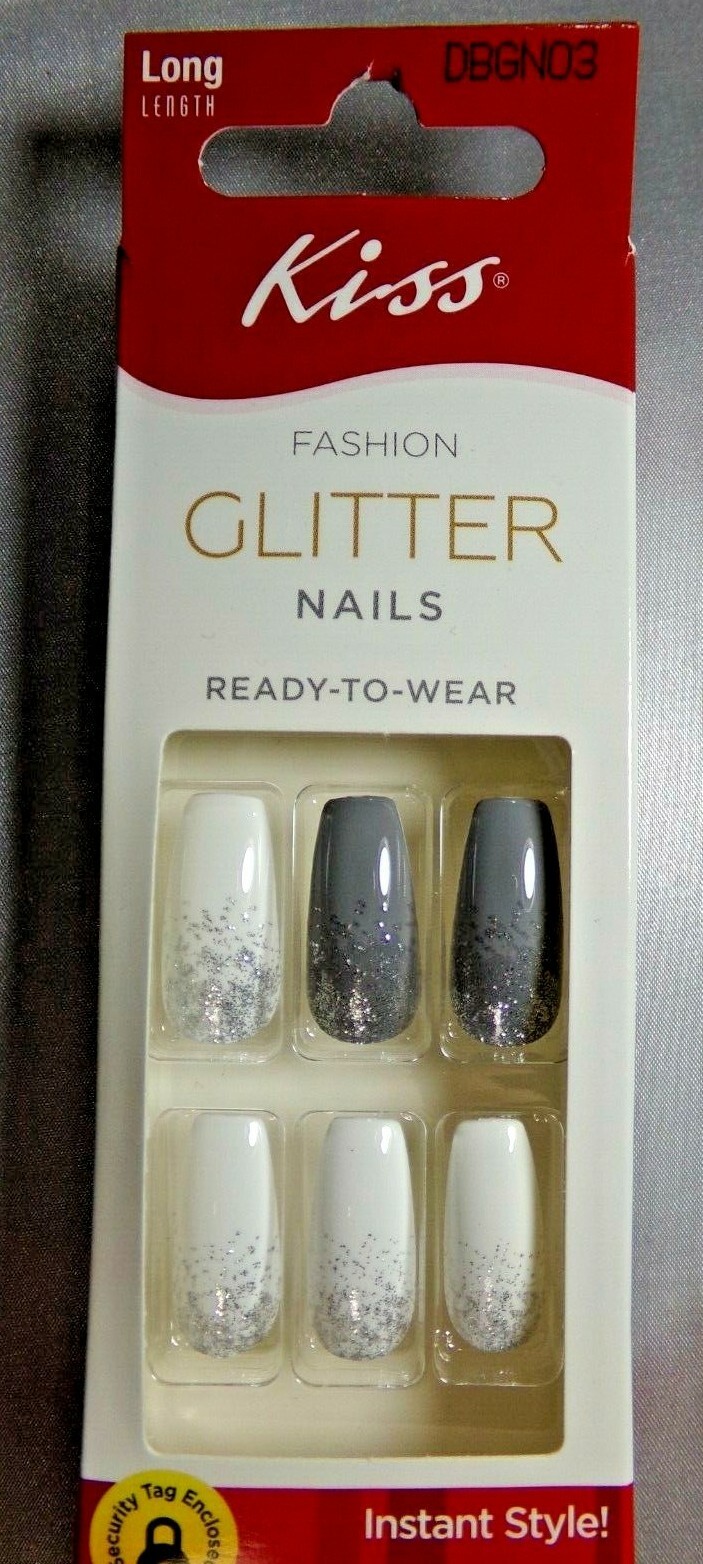 KISS NAILS GLUE ON Shiny Gray / White LONG LENGTH, COFFIN BALLERINA SHAPE