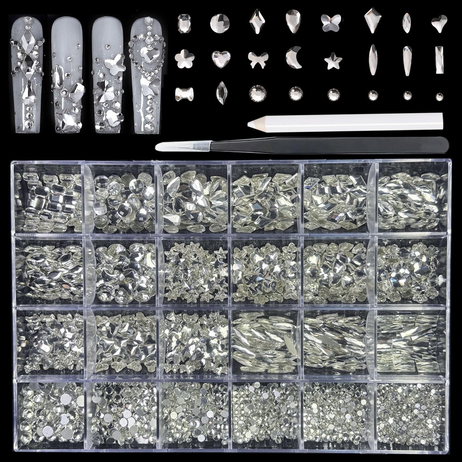 900 Special-Shaped Clear Nail Diamonds & 3200 Flat-Bottom Rhinestones Set with T