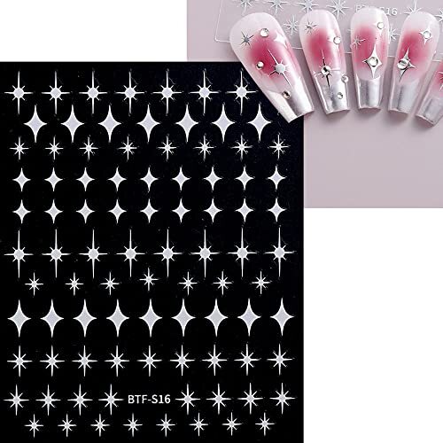 8 Sheet Shiny Gold Stars Nail Stickers Silver 3D Four-Pointed Star Nail