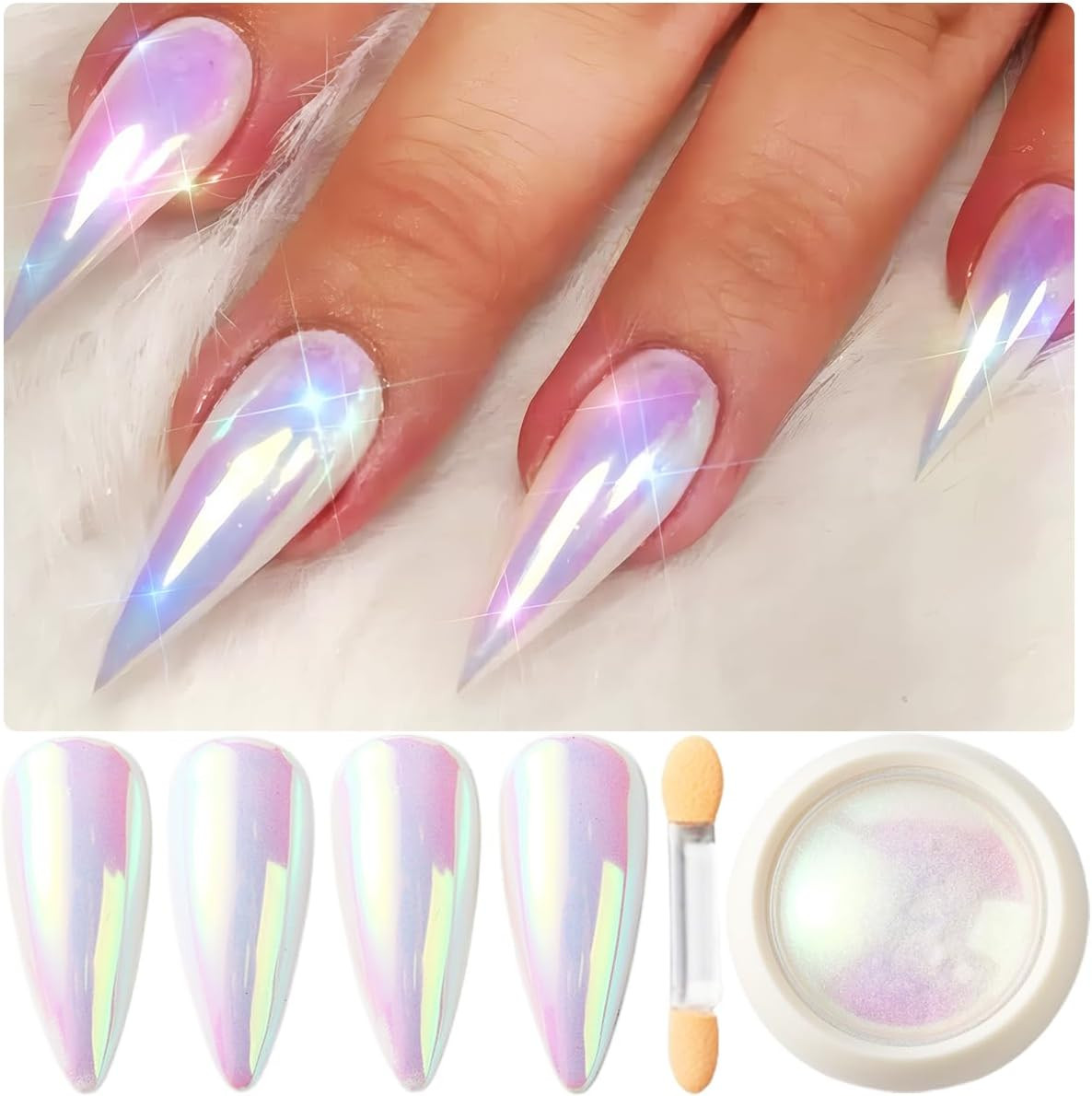 Holographic Unicorn Chrome Nail Powder Aurora Rainbow Neon Pigment Pink