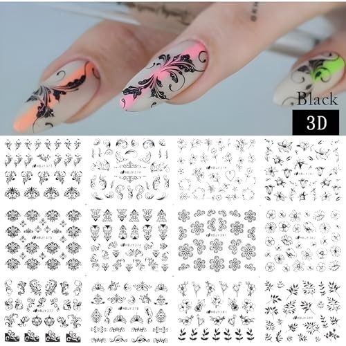 12 Sheets Black Nail Art Stickers 3D Self Adhesive Black Flower Nail Style 3