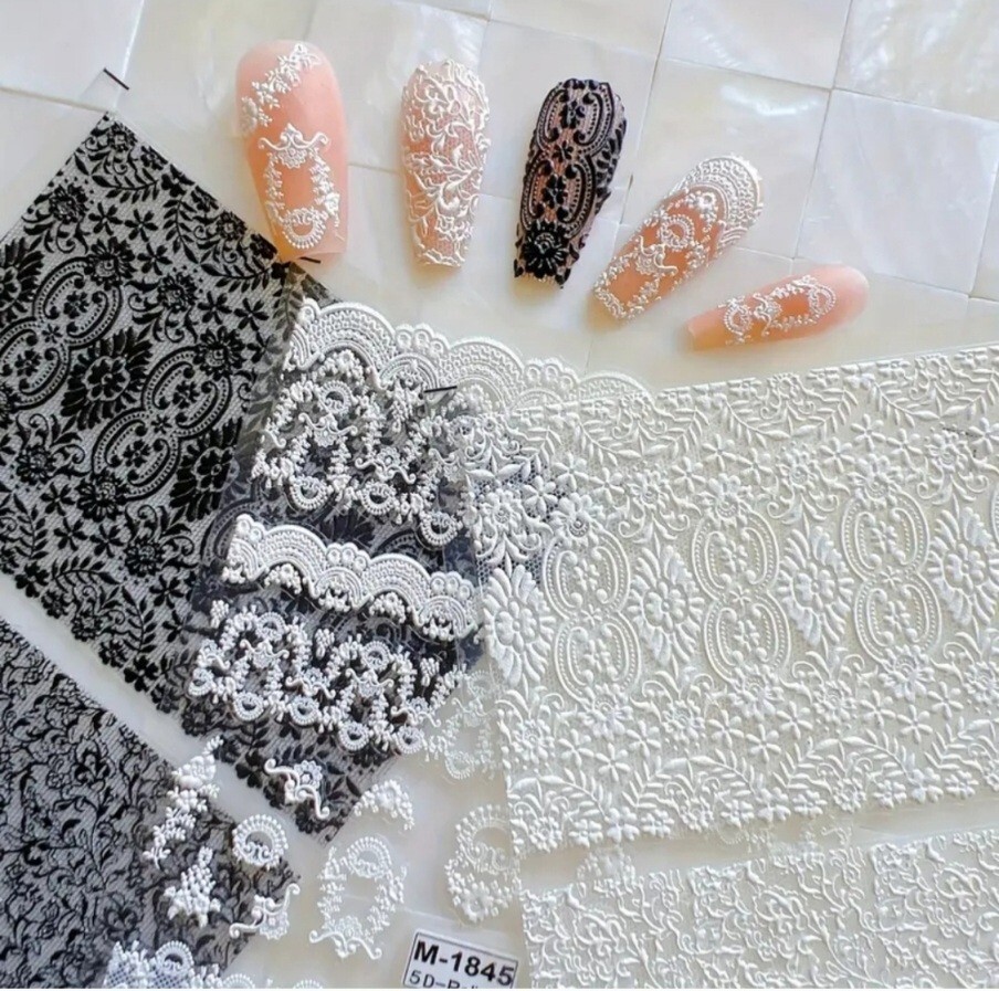 NWT 》3 SHEETS《 NAIL ART DESIGN BLACK & WHITE FAUX LACE SELF-SEAL STICKERS!