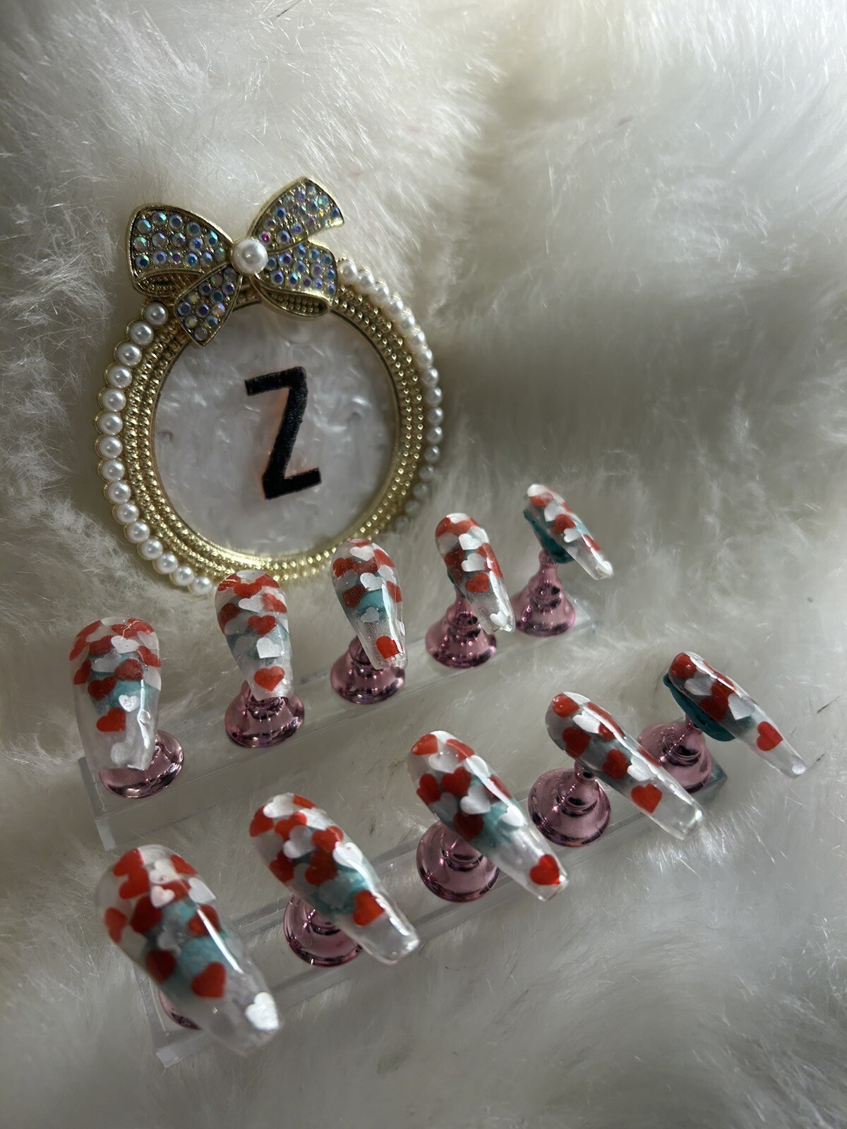 Z NAILZ! Handmade Clear L Coffin W/Red&White Hearts Encapsulated Press On Nails
