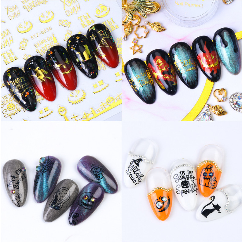 Nail Stickers Halloween Cross Bat Witch Pumpkin Skull Spider Decal DIY NH15