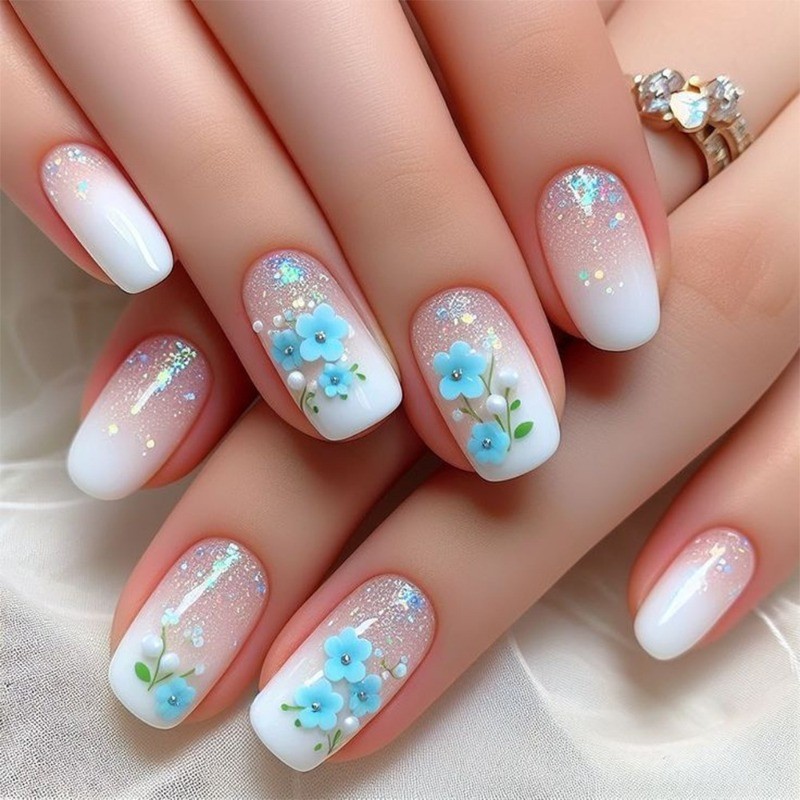 48pcs-White Nude Ombre Nails, Press on With 3D Blue Flowers and Pearl Accents