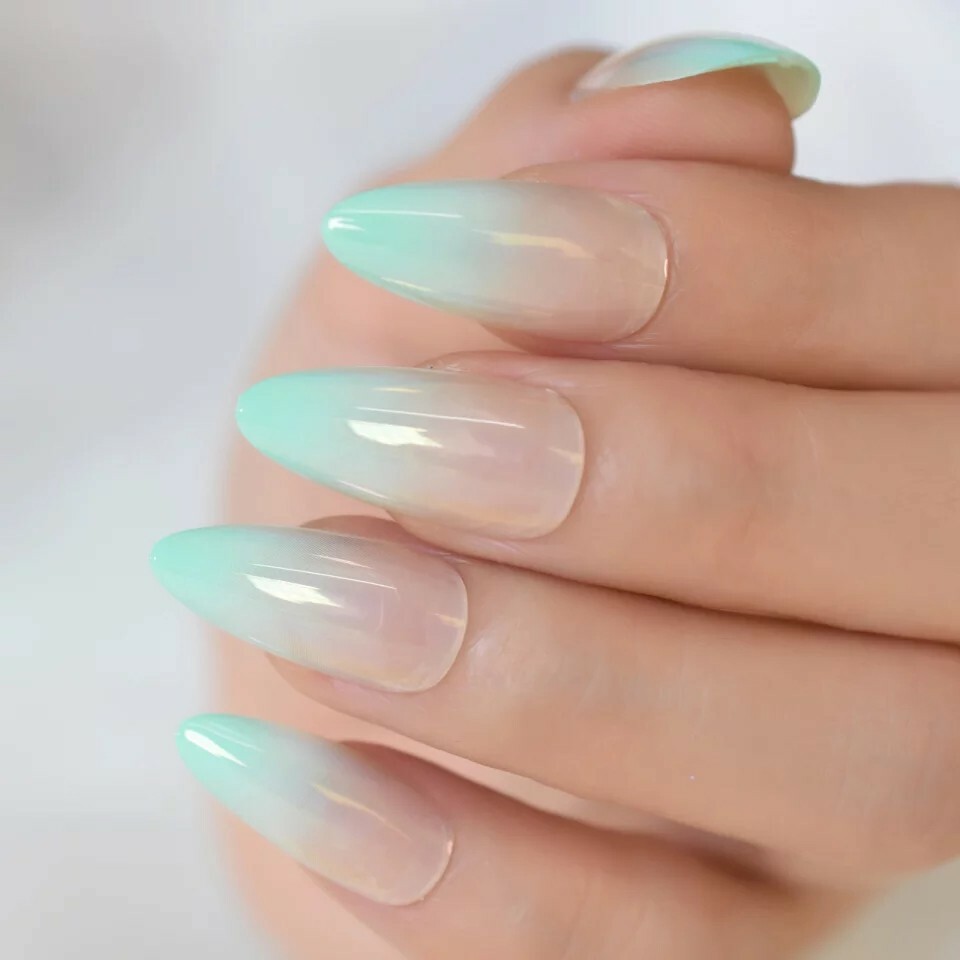 24 Ombre Mint Green Press On Nails w/ Glue Nude pointed almond stiletto ethereal