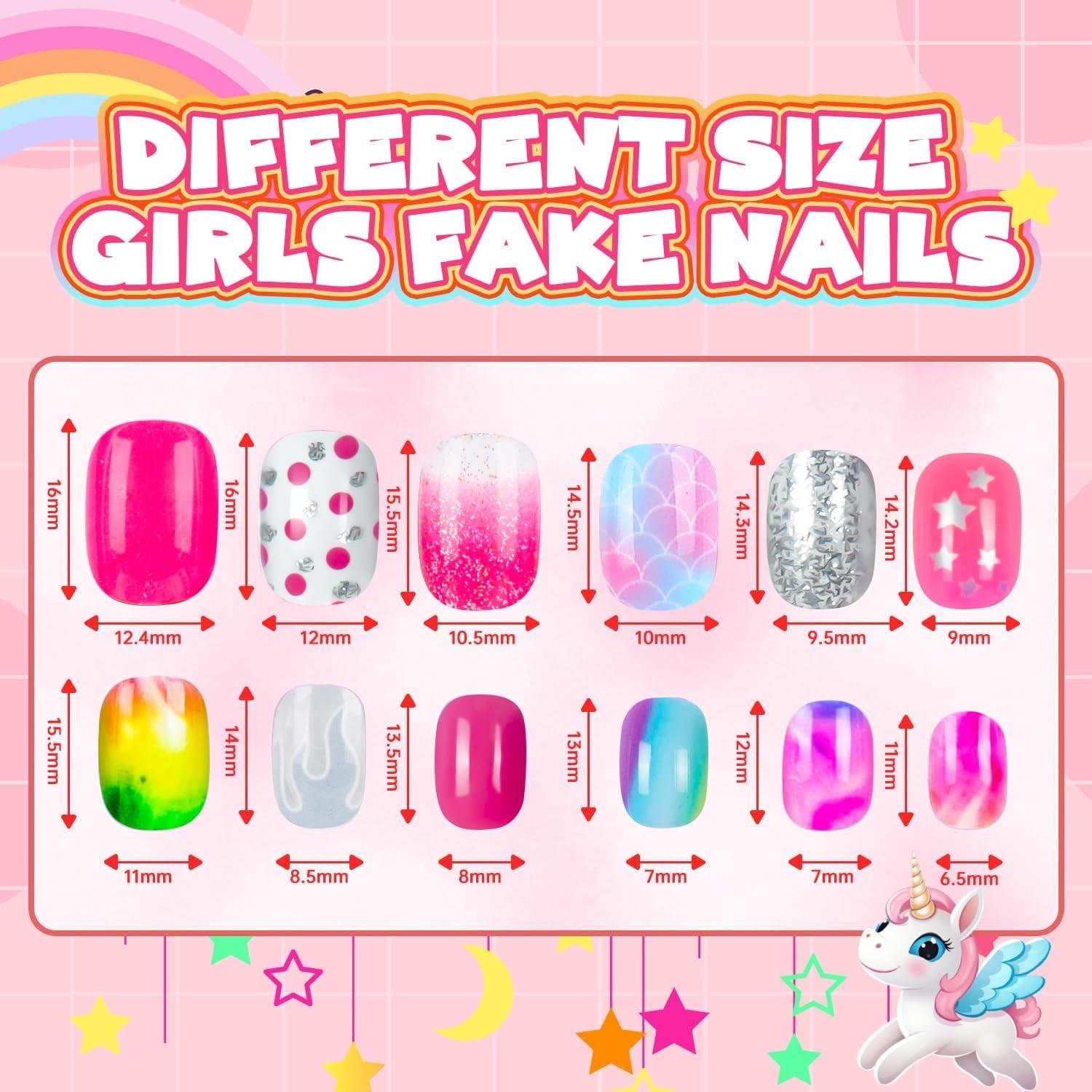 144 Pieces 6 Pack Kids Press on Nails Artificial Fake Nails for Kids Girls Pr.