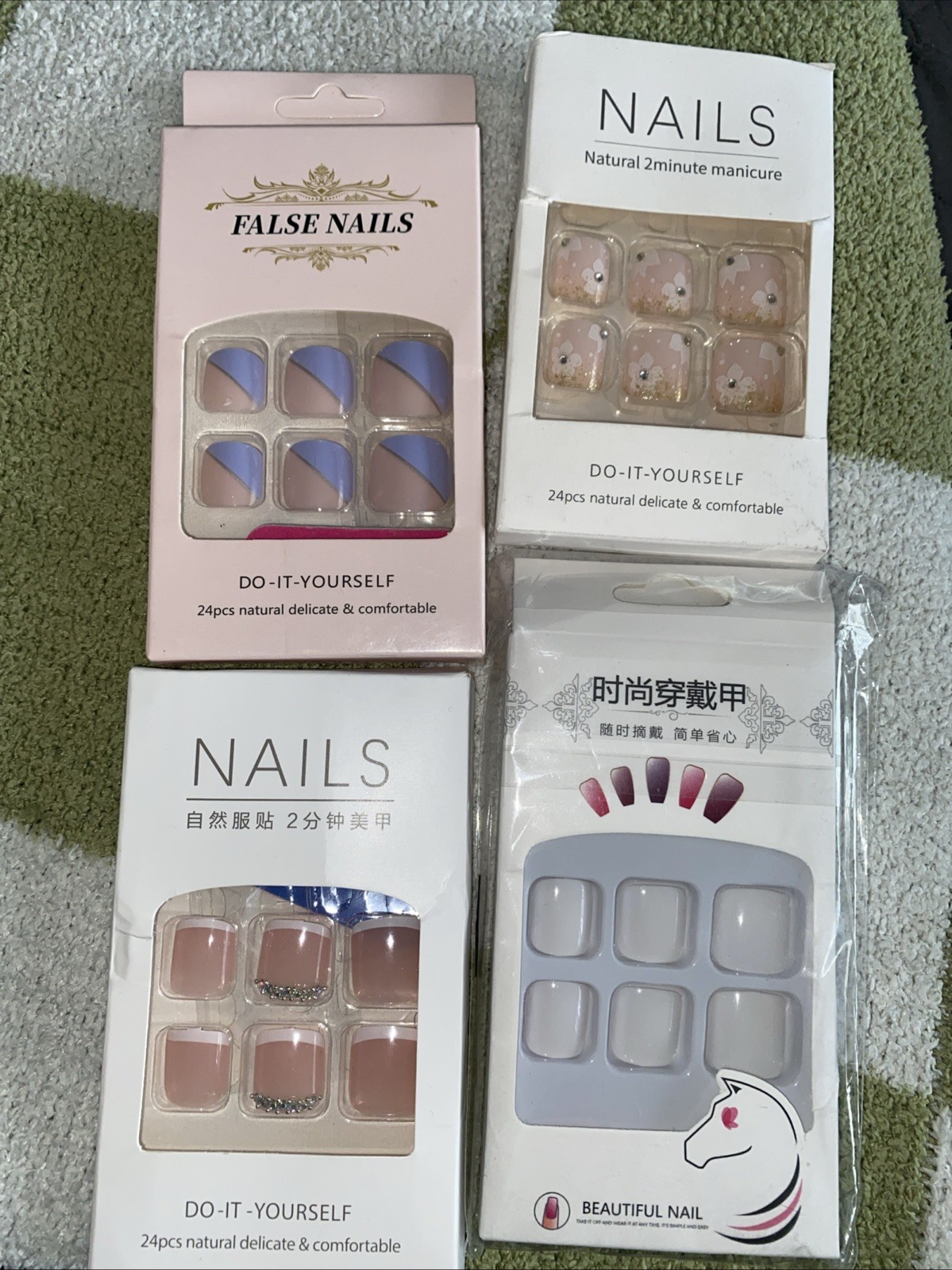 4 Sets TOE NAIL PRESS ONS – French Bling, Bi Color, White & Pink Daisy