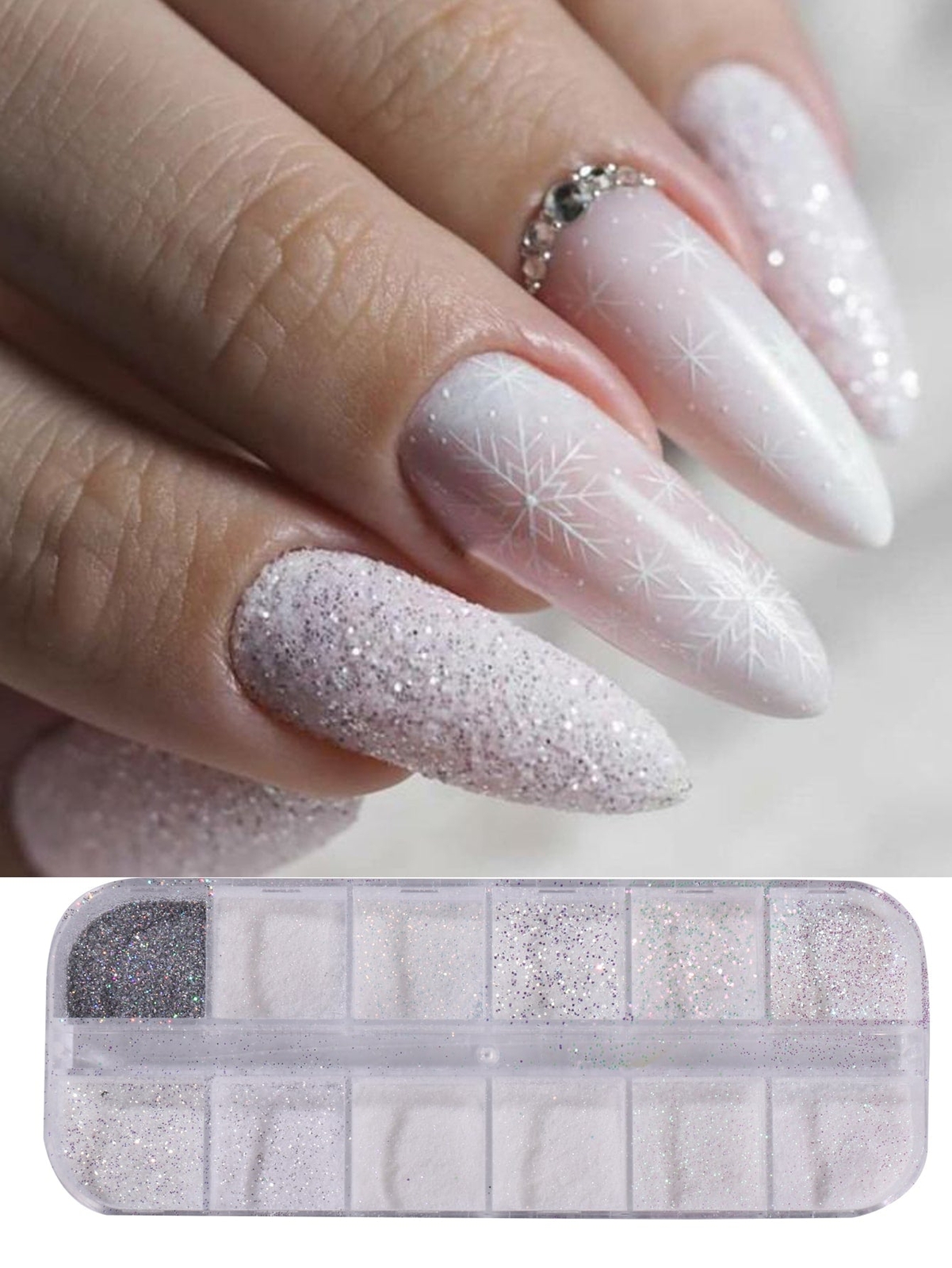 =Sugar Nail Glitter Powder, 12 Grids Iridescent Sandy White Color Nail Glitter