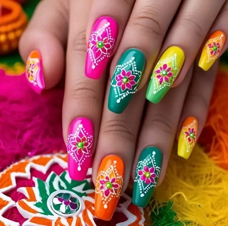 24pcs Ballet Shaped Press-On Nails Set, Mixed Color Floral & Geometric Pattern,