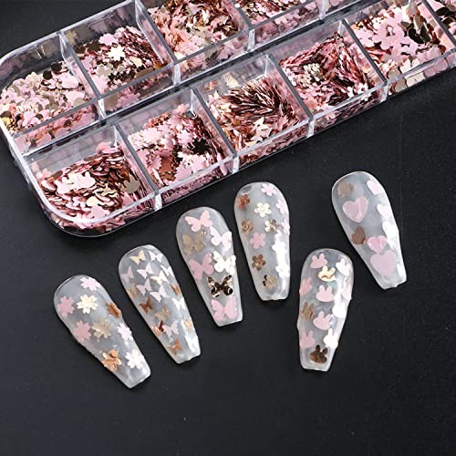 12 Grids Gold Pink Nail Glitter Sequins 3D Holographic Nail Glitter Flakes