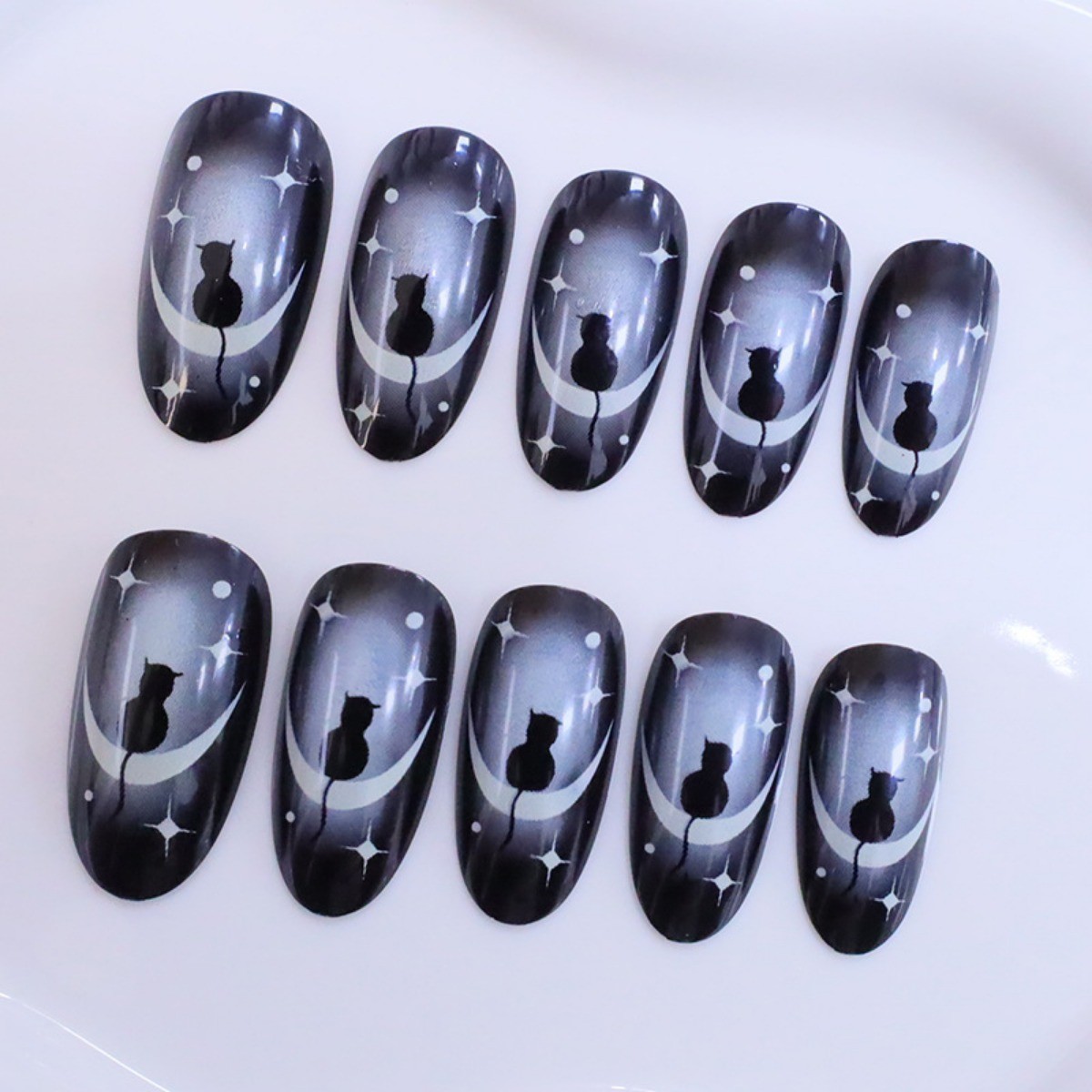 48pcs Almond Press on Nails, Black Smoke Cat Moon Star Gothic Trend Nails