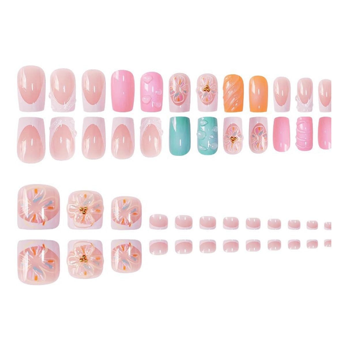 yefiuo Pink Press on Nails & Toenails Medium, & Orange & Blue