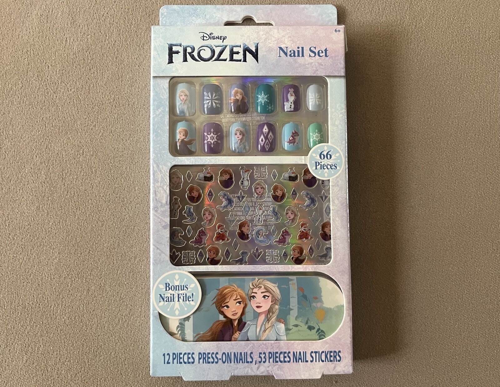 66 Piece Disney Frozen Nail Set~12 Press-On Nails & 53 Nail Stickers, New In Box