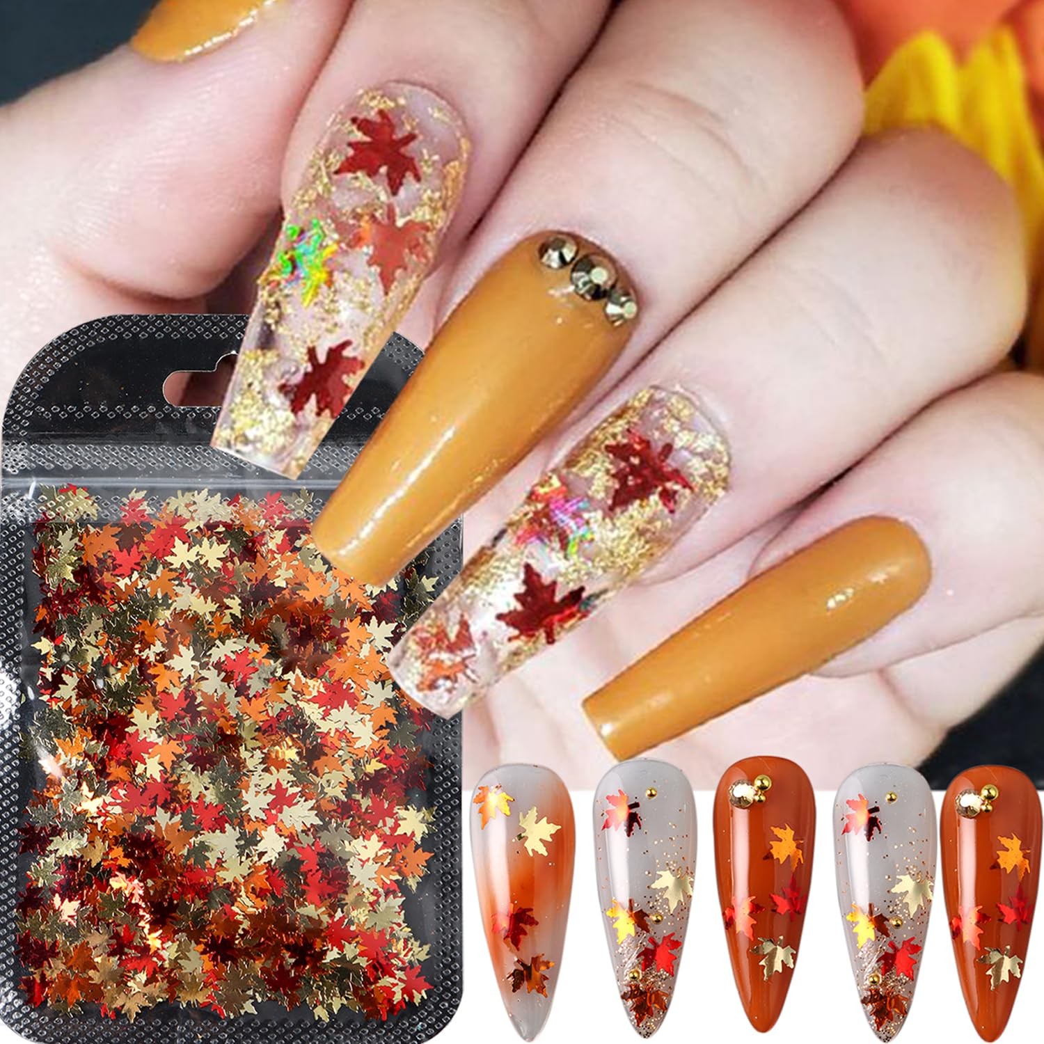 Fall Nail Art Glitters Shiny Mixed Golden Maple Leaf Nail Sequins Holographic…
