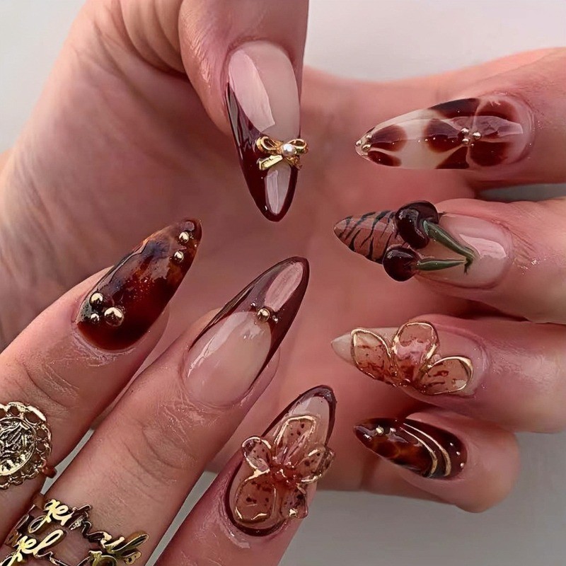 24pcs-Luxury Brown Almond Nails with Nude Base, Tortoise Print and 3D Floral Art