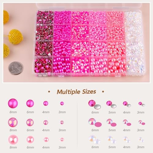 9000PCS Flatback Pearls and Rhinestones for Crafting Mixed Size 3 Dark Pink