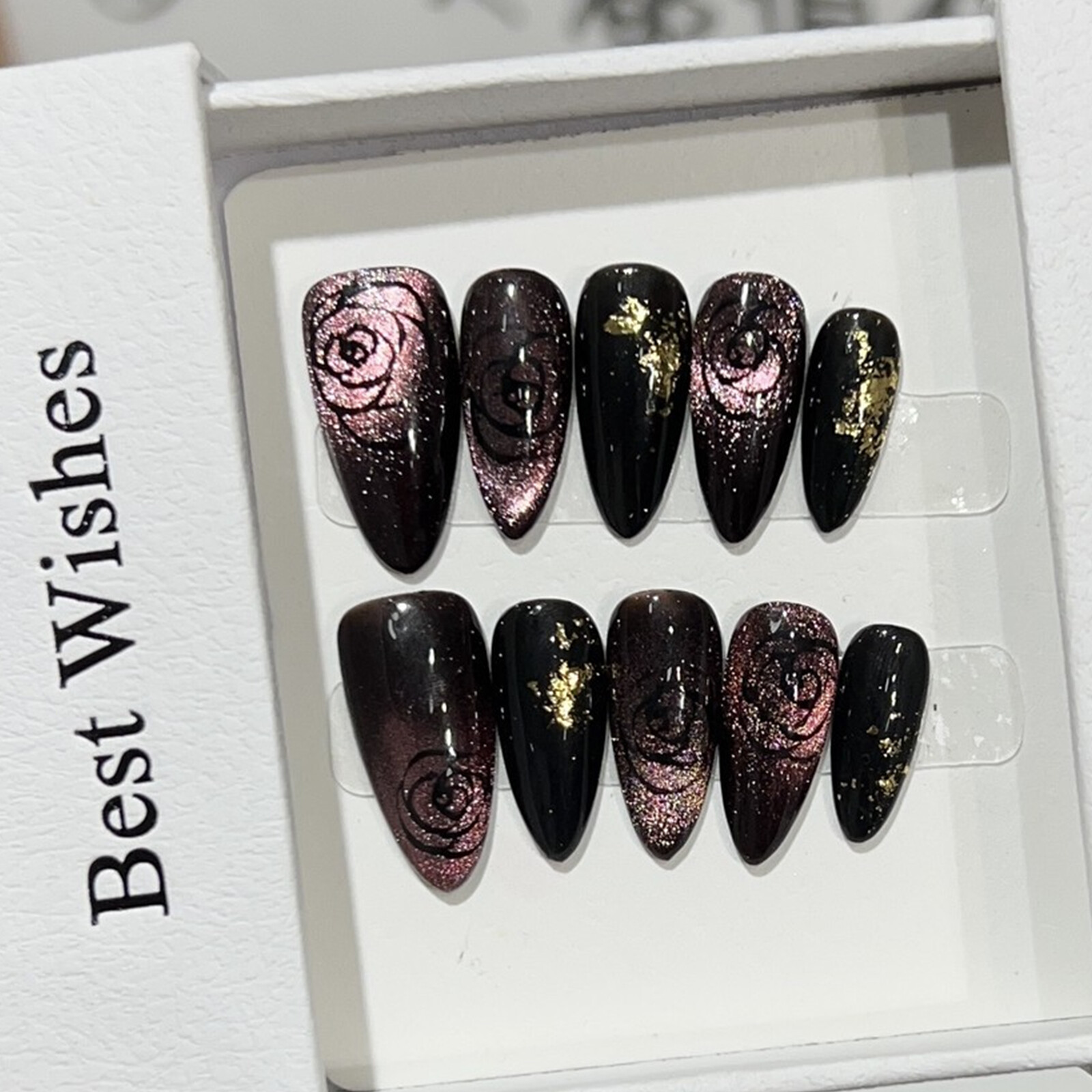 Handmade Fireworks Cat Eye Gradient Rose False Nail Medium Almond Press On Nail