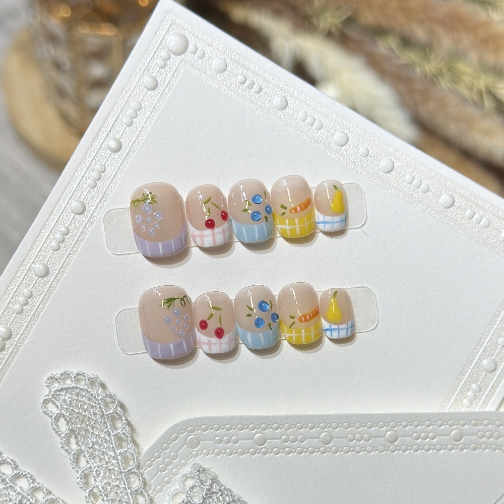 Short Oval Cute Fruit Press On Nails Handmade Removable Girls Daily Nails