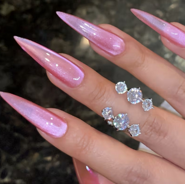 24 Pcs Press-on Nails Long Stiletto – Pink Cateye Nails – See All Photos