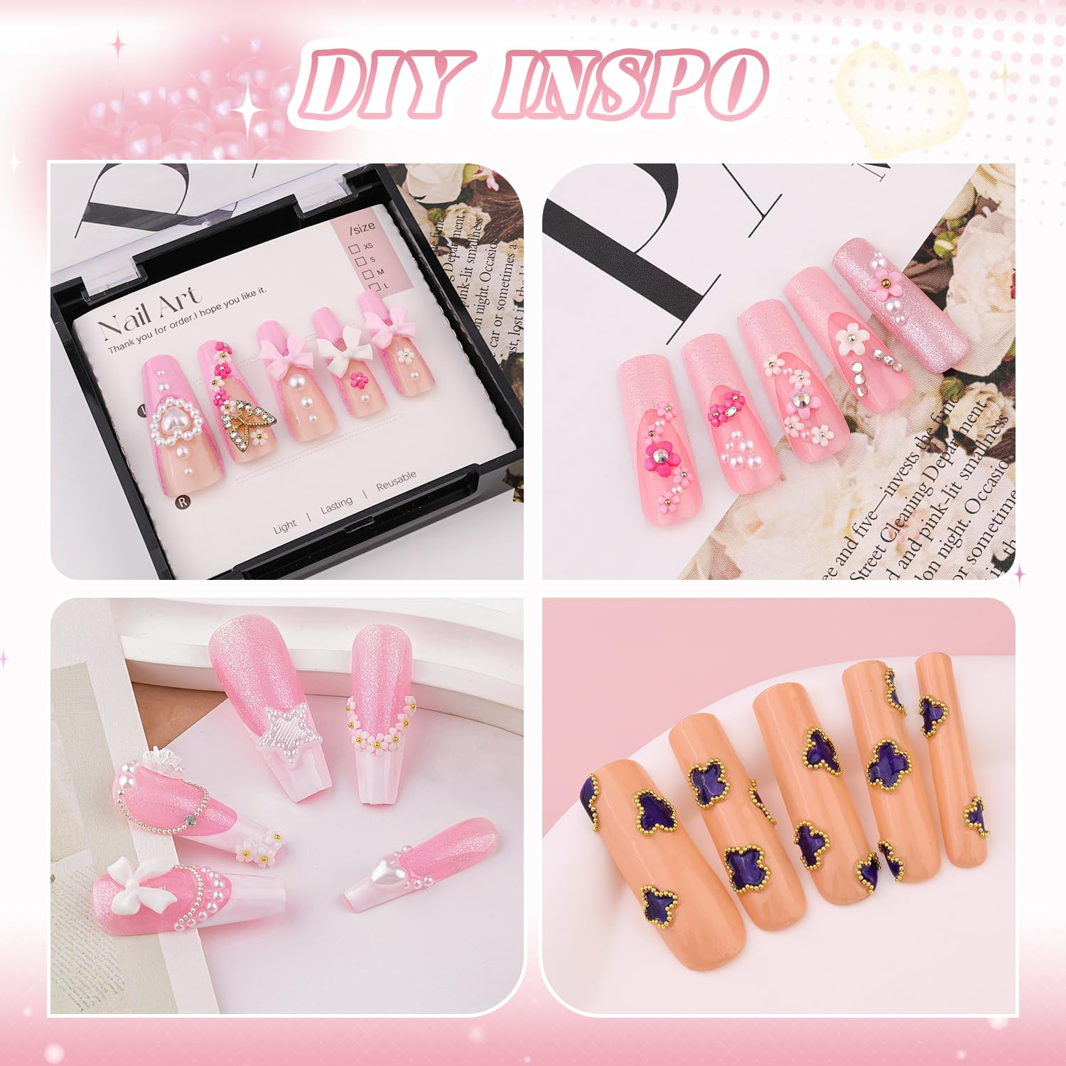 2 Boxes Metal Nail Beads (Silver+Gold) and 3D Flowers for Nail Art, Flatback Pea