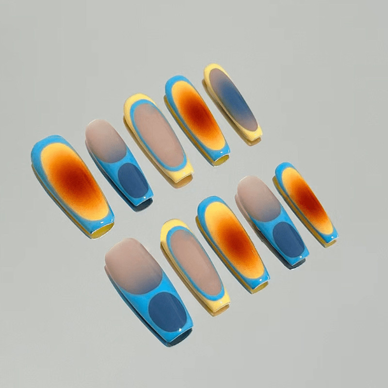 48P Long Coffin Press on Nails, Blue Orange Gradient French Stylish Fake Nails