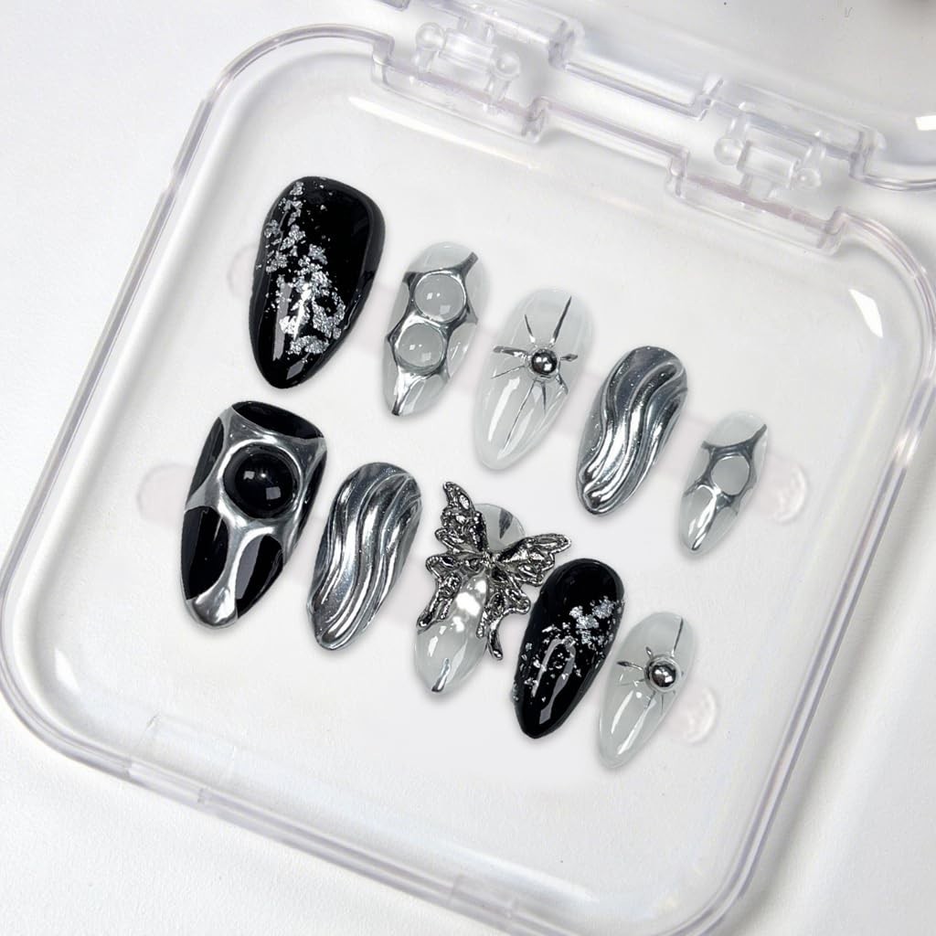 Medium Almond Press-On Nails with 3D Metal Butterfly, Irregular Silver Design, F
